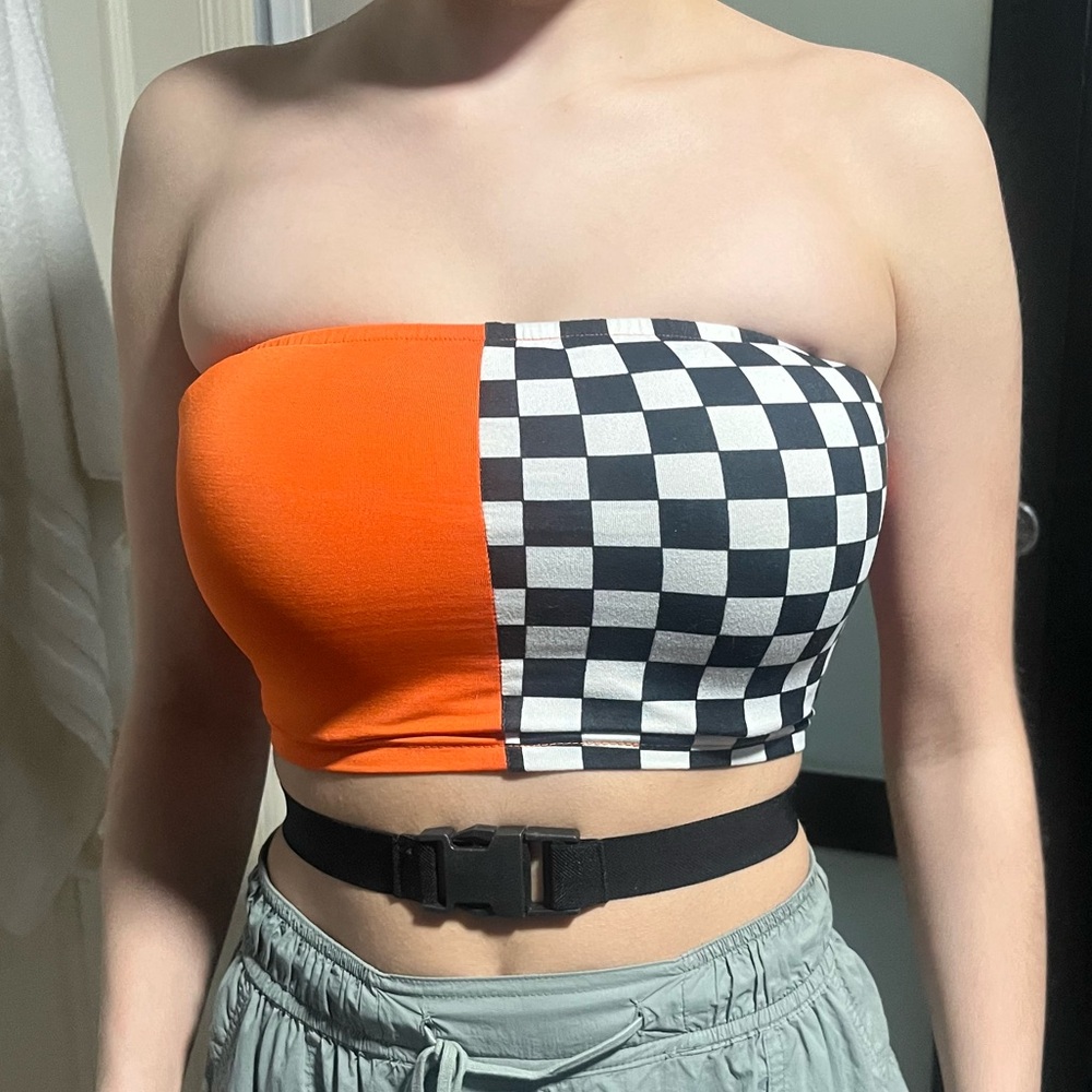 Orange and Checkered Tube Top w/attached Clip Belt Detail EUC